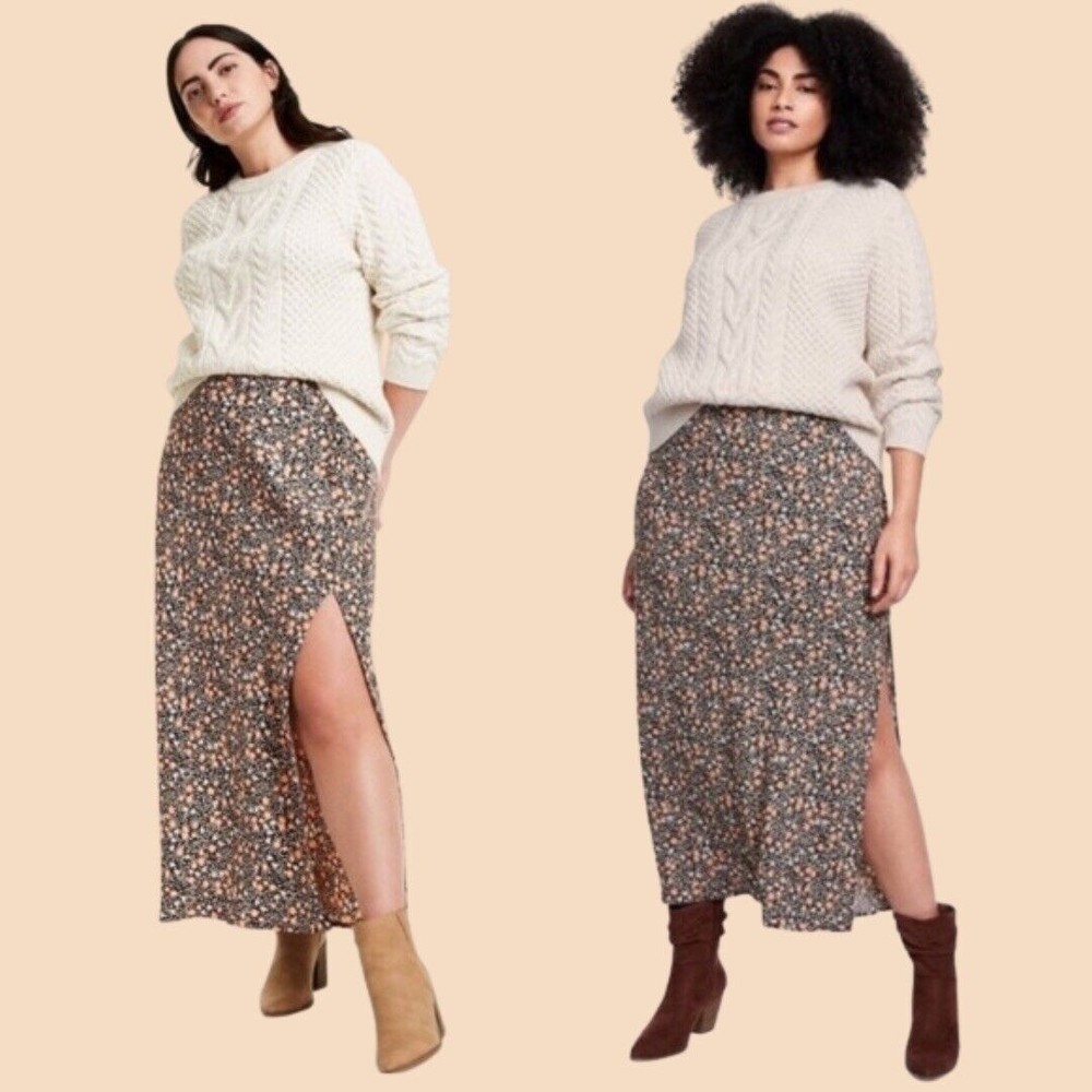 Nili Lotan Floral Maxi Skirt in Black and Brown with Side Slit
